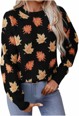 Fall Sweaters for Women 2024 Maple Leaf Print Knit Sweater Casual Crewneck Pullover Tops Fashion Cozy Ribbed Outfits