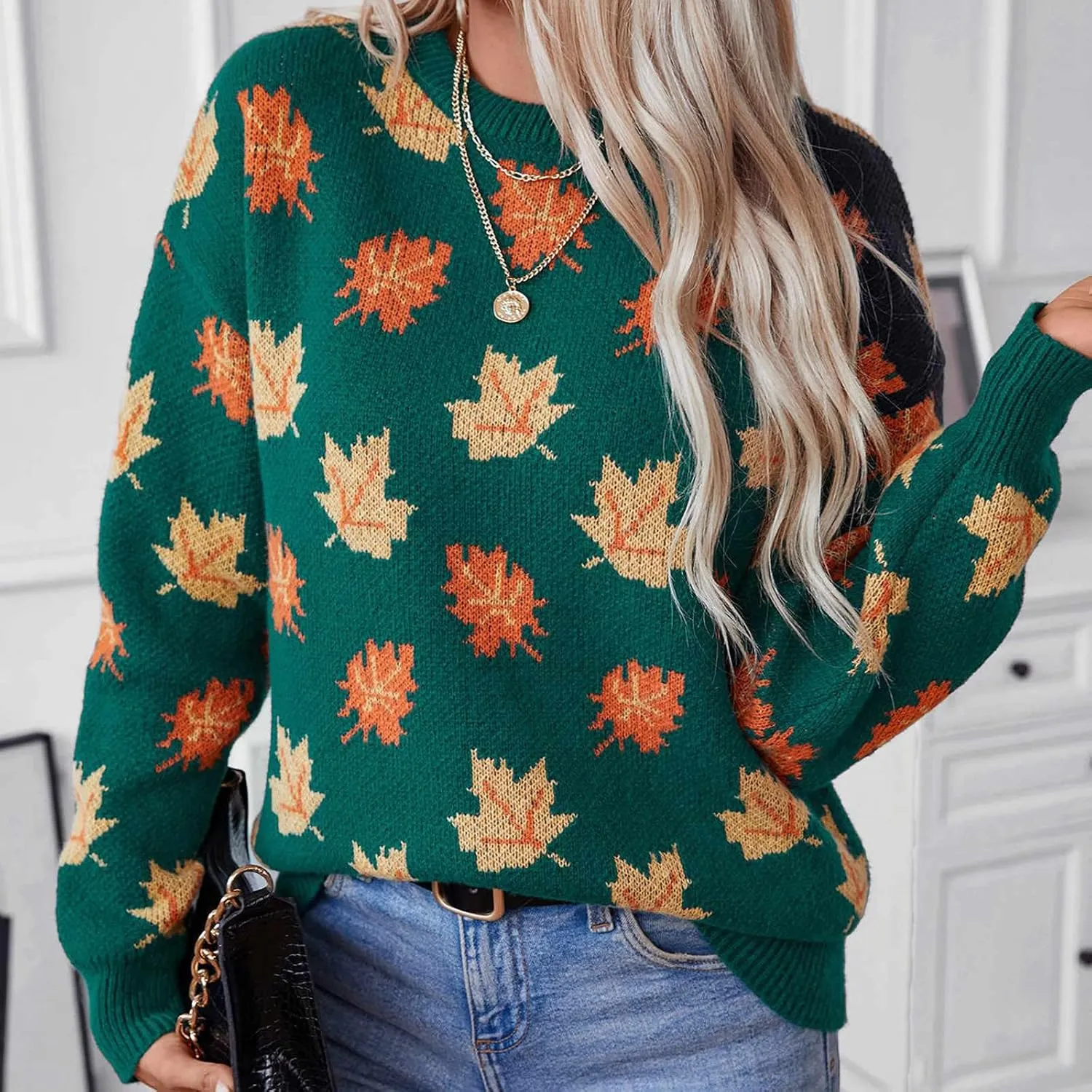 Fall Sweaters for Women 2024 Maple Leaf Print Knit Sweater Casual Crewneck Pullover Tops Fashion Cozy Ribbed Outfits
