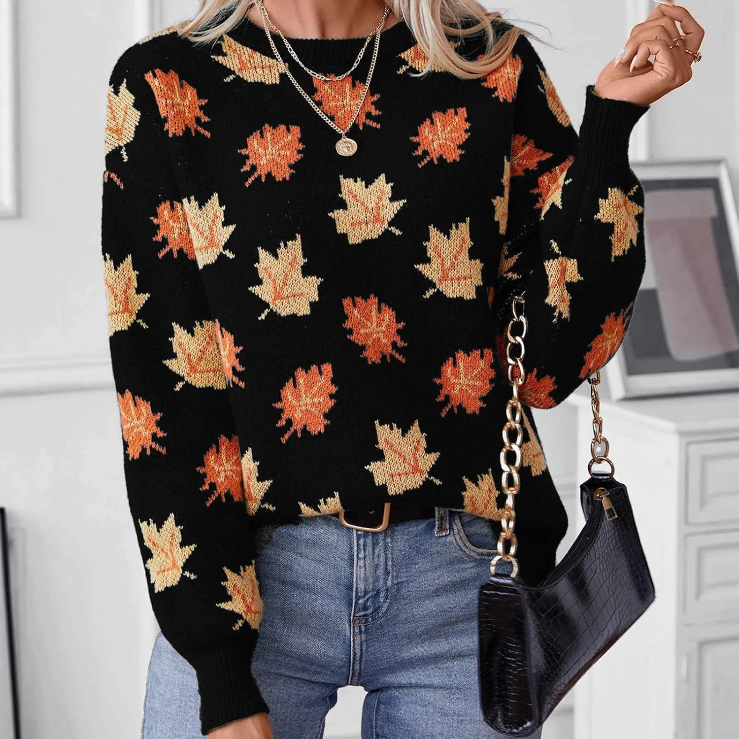 Fall Sweaters for Women 2024 Maple Leaf Print Knit Sweater Casual Crewneck Pullover Tops Fashion Cozy Ribbed Outfits