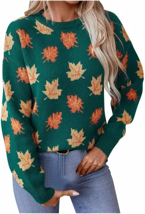 Fall Sweaters for Women 2024 Maple Leaf Print Knit Sweater Casual Crewneck Pullover Tops Fashion Cozy Ribbed Outfits
