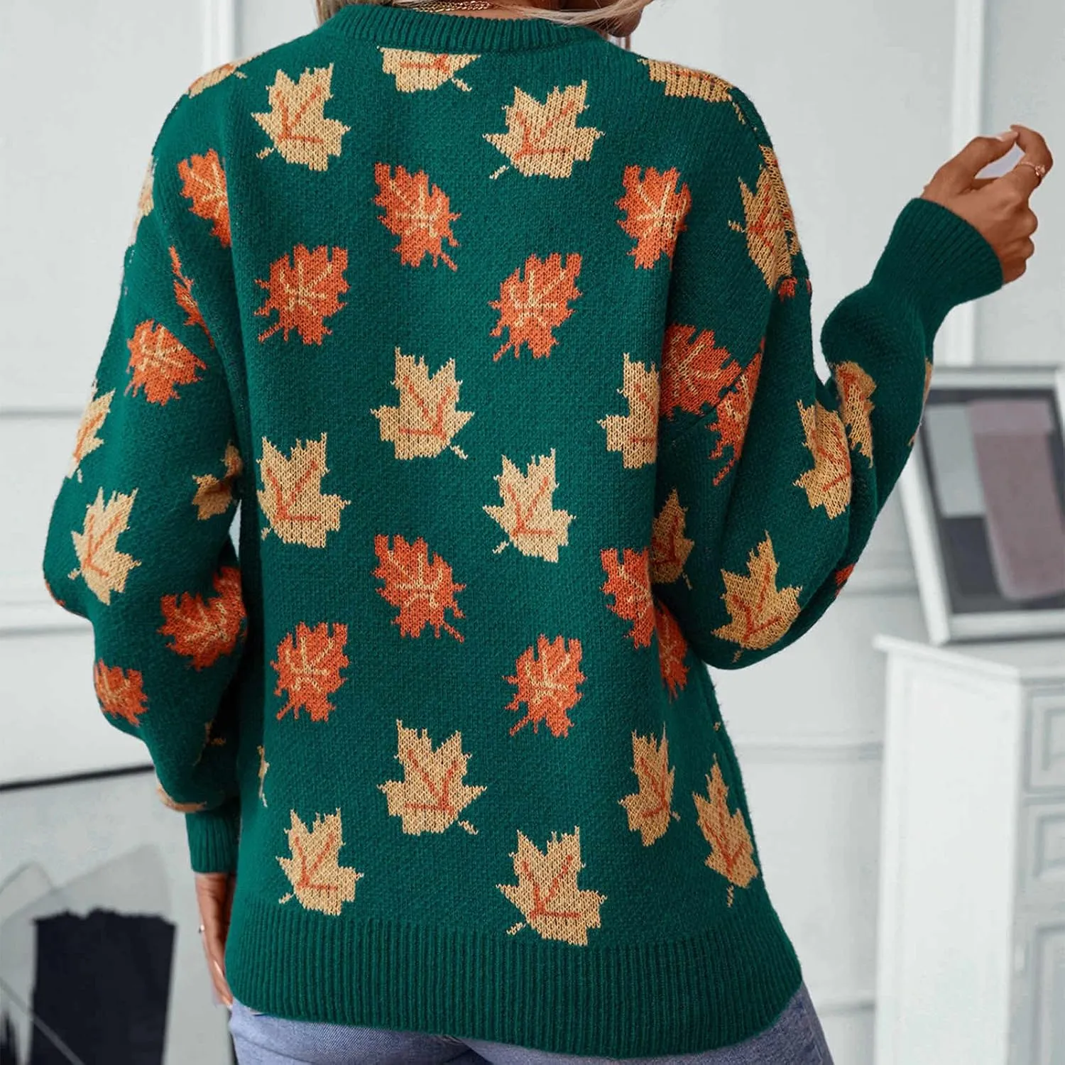 Fall Sweaters for Women 2024 Maple Leaf Print Knit Sweater Casual Crewneck Pullover Tops Fashion Cozy Ribbed Outfits