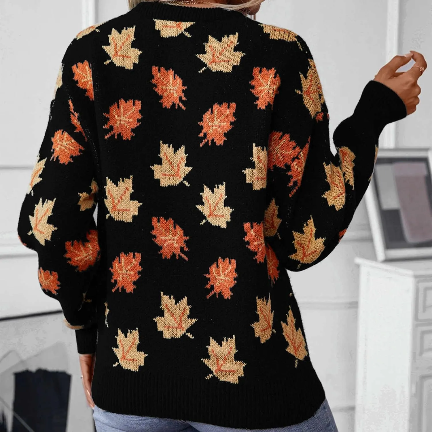 Fall Sweaters for Women 2024 Maple Leaf Print Knit Sweater Casual Crewneck Pullover Tops Fashion Cozy Ribbed Outfits