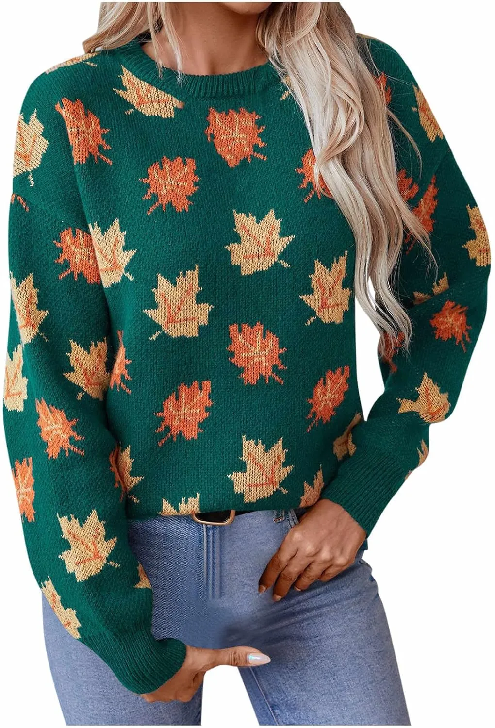 Fall Sweaters for Women 2024 Maple Leaf Print Knit Sweater Casual Crewneck Pullover Tops Fashion Cozy Ribbed Outfits