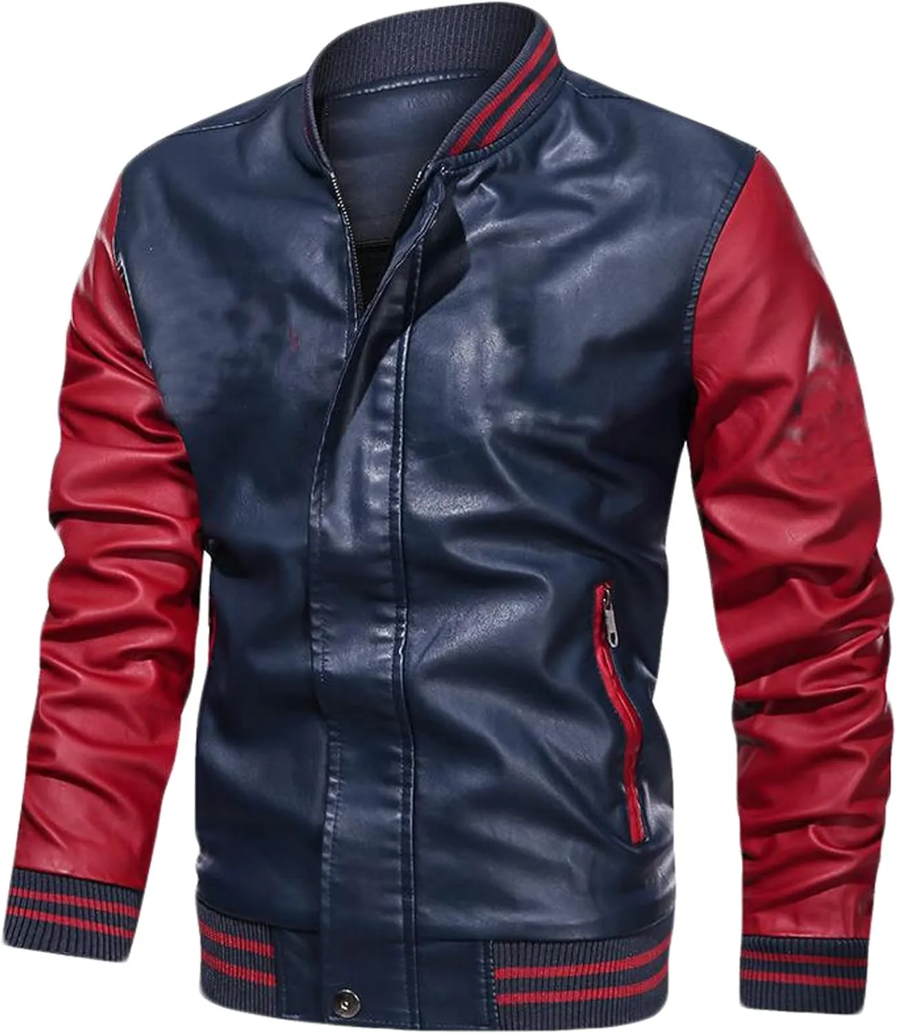 Faux Leather Jackets for Men Fitted Color Block Motorcycle Jacket PU Full Zip Biker Bomber Jacket with Pocket