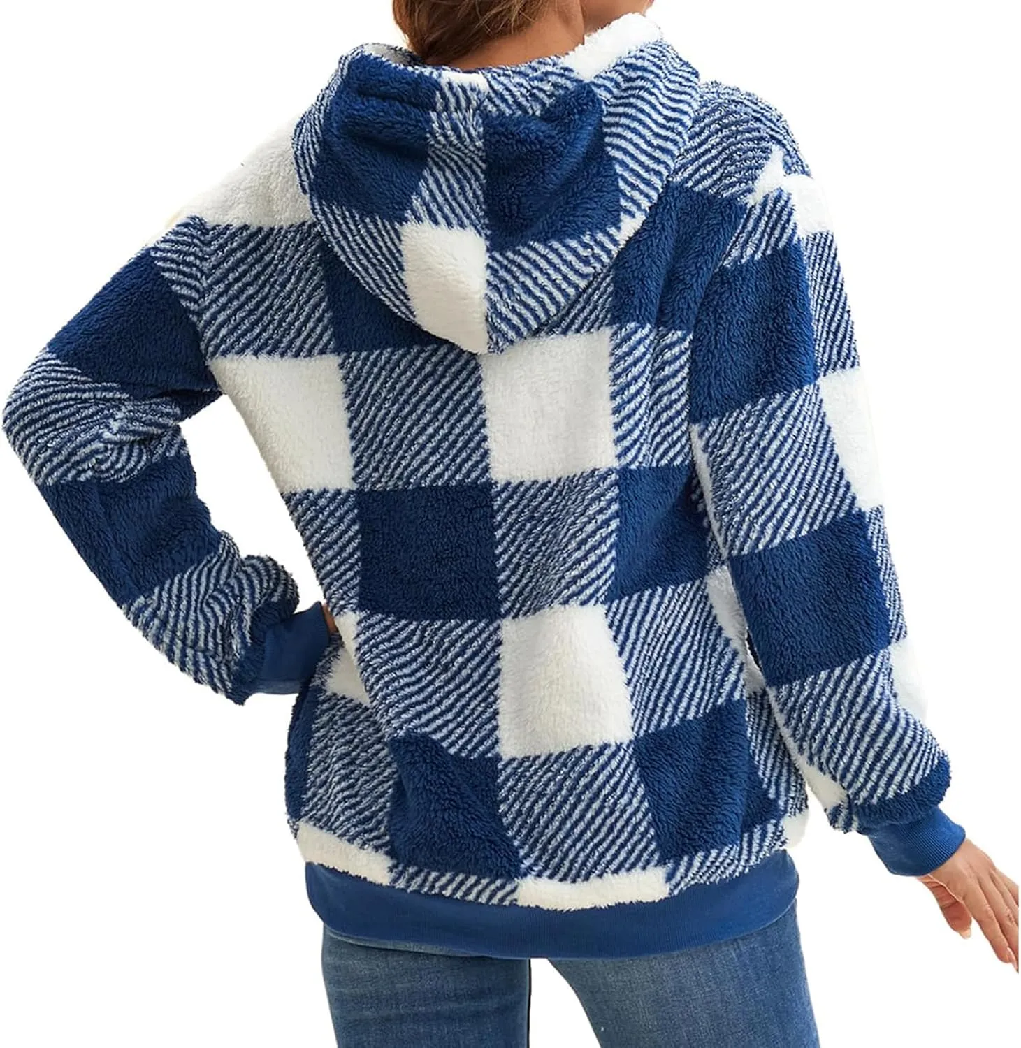 Fleece Hoodies for Women Plaid Long Sleeve Hoodie Casual Half Zip Sweatshirts Winter Sherpa Pullover