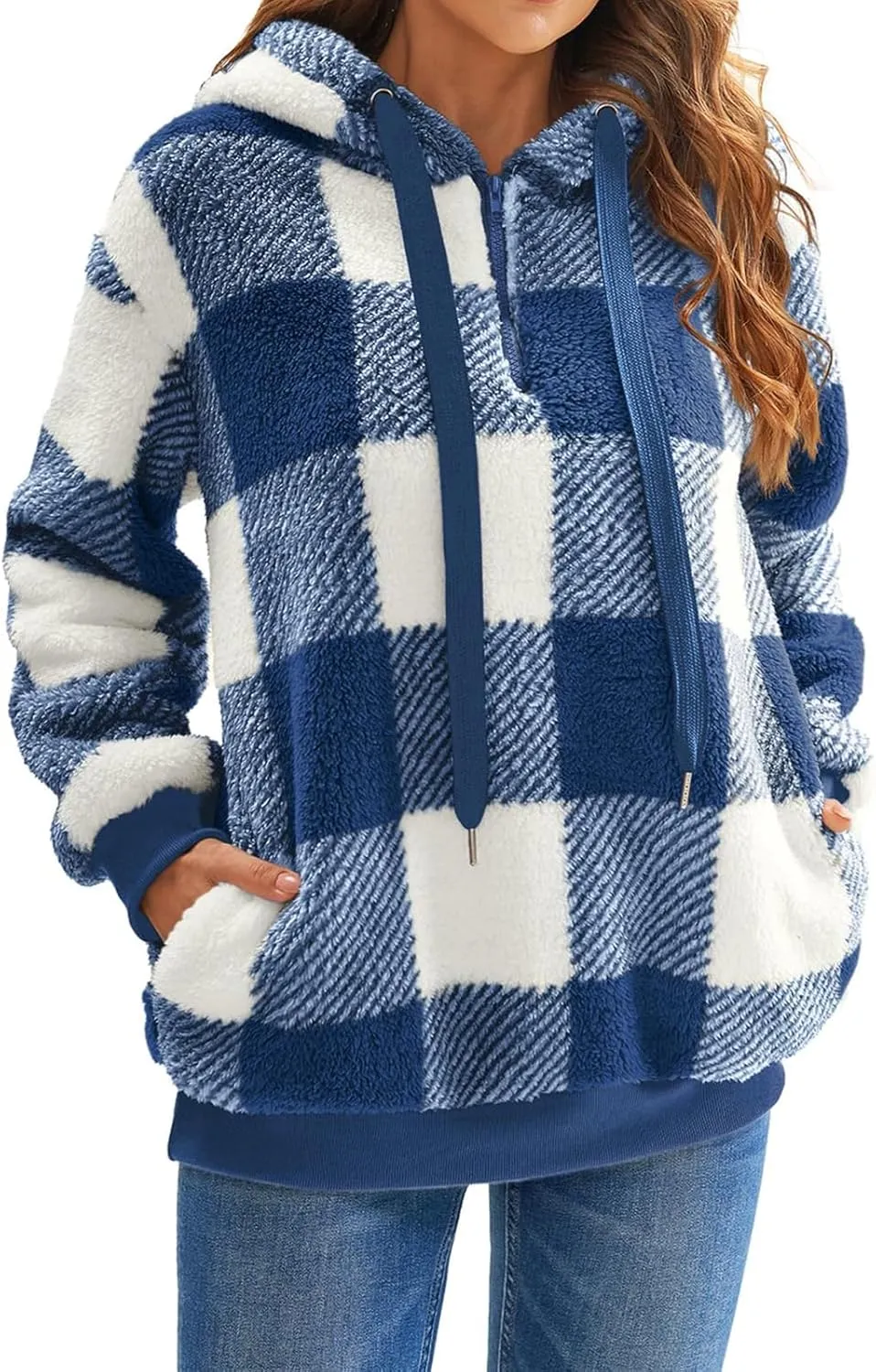 Fleece Hoodies for Women Plaid Long Sleeve Hoodie Casual Half Zip Sweatshirts Winter Sherpa Pullover