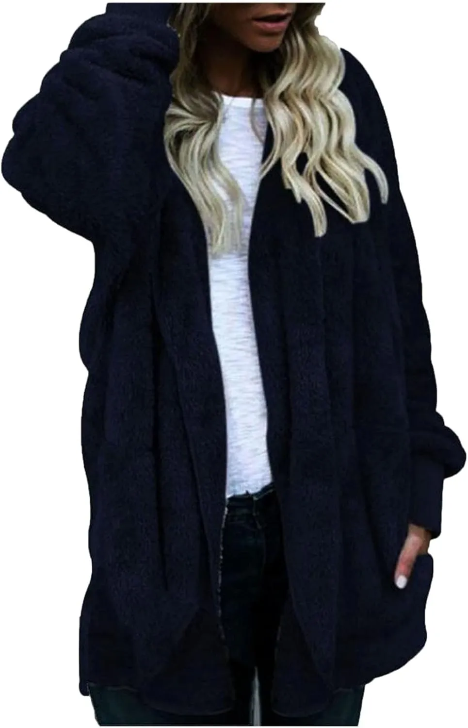 Fleece Jacket Women Fuzzy Sherpa Oversized Open Front Hooded Cardigan Fluffy Sweaters Winter Coats with Pockets