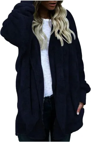 Fleece Jacket Women Fuzzy Sherpa Oversized Open Front Hooded Cardigan Fluffy Sweaters Winter Coats with Pockets