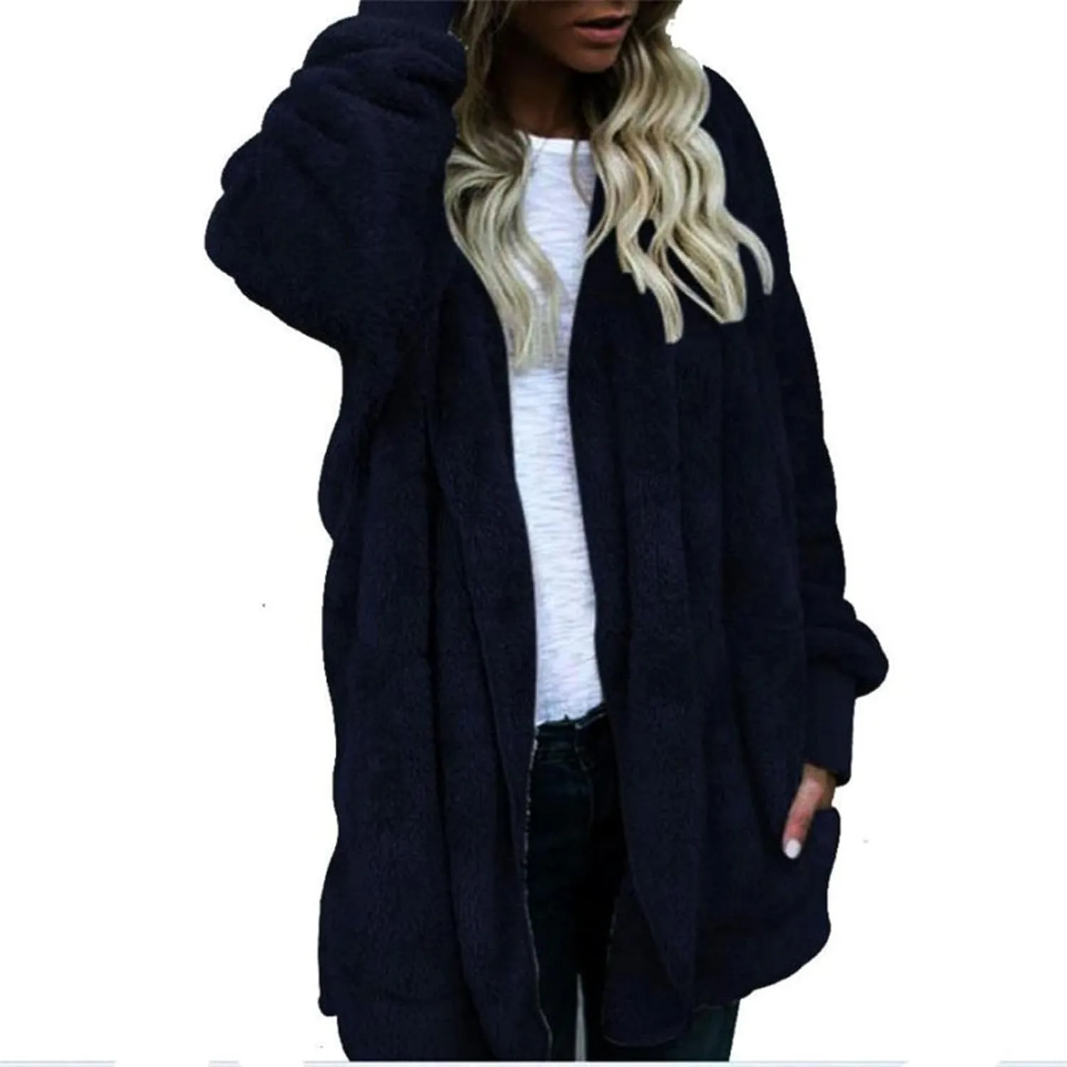 Fleece Jacket Women Fuzzy Sherpa Oversized Open Front Hooded Cardigan Fluffy Sweaters Winter Coats with Pockets