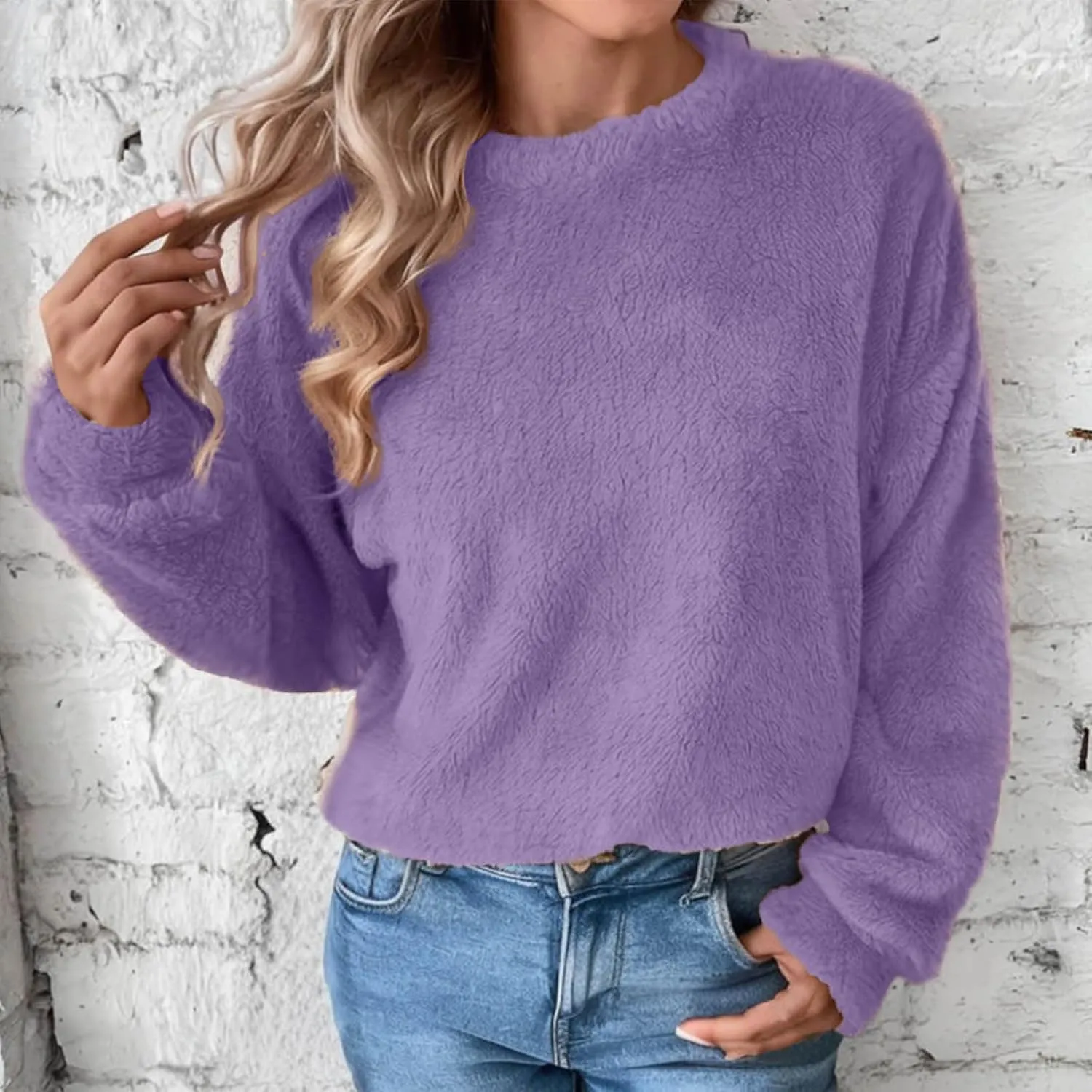 Fleece Sweatshirt For Women Soft Warm Casual Crewneck Long Sleeve Fuzzy Pullover Winter Comfy Solid Color Sherpa Tops