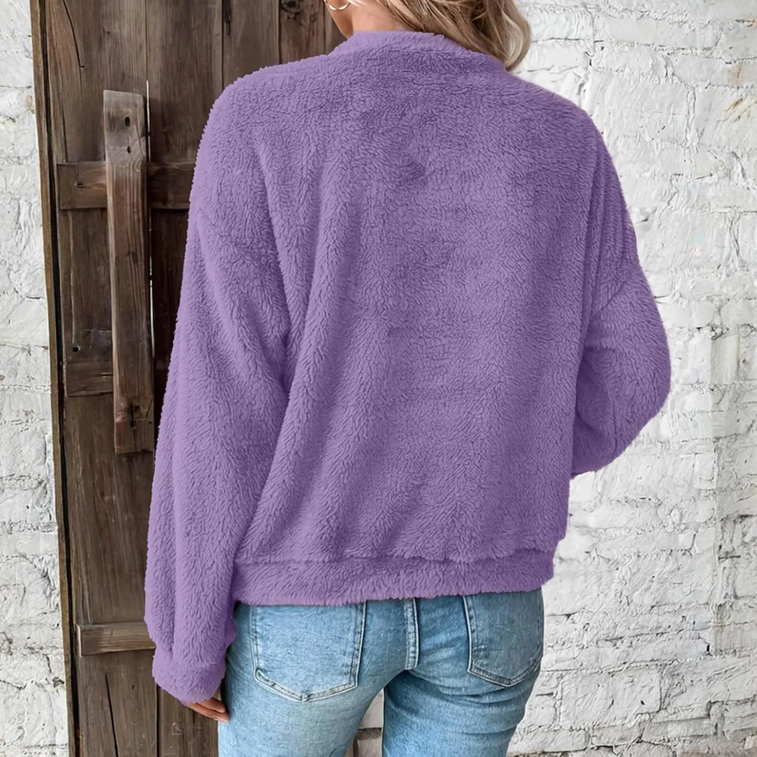 Fleece Sweatshirt For Women Soft Warm Casual Crewneck Long Sleeve Fuzzy Pullover Winter Comfy Solid Color Sherpa Tops