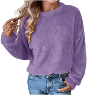 Fleece Sweatshirt For Women Soft Warm Casual Crewneck Long Sleeve Fuzzy Pullover Winter Comfy Solid Color Sherpa Tops