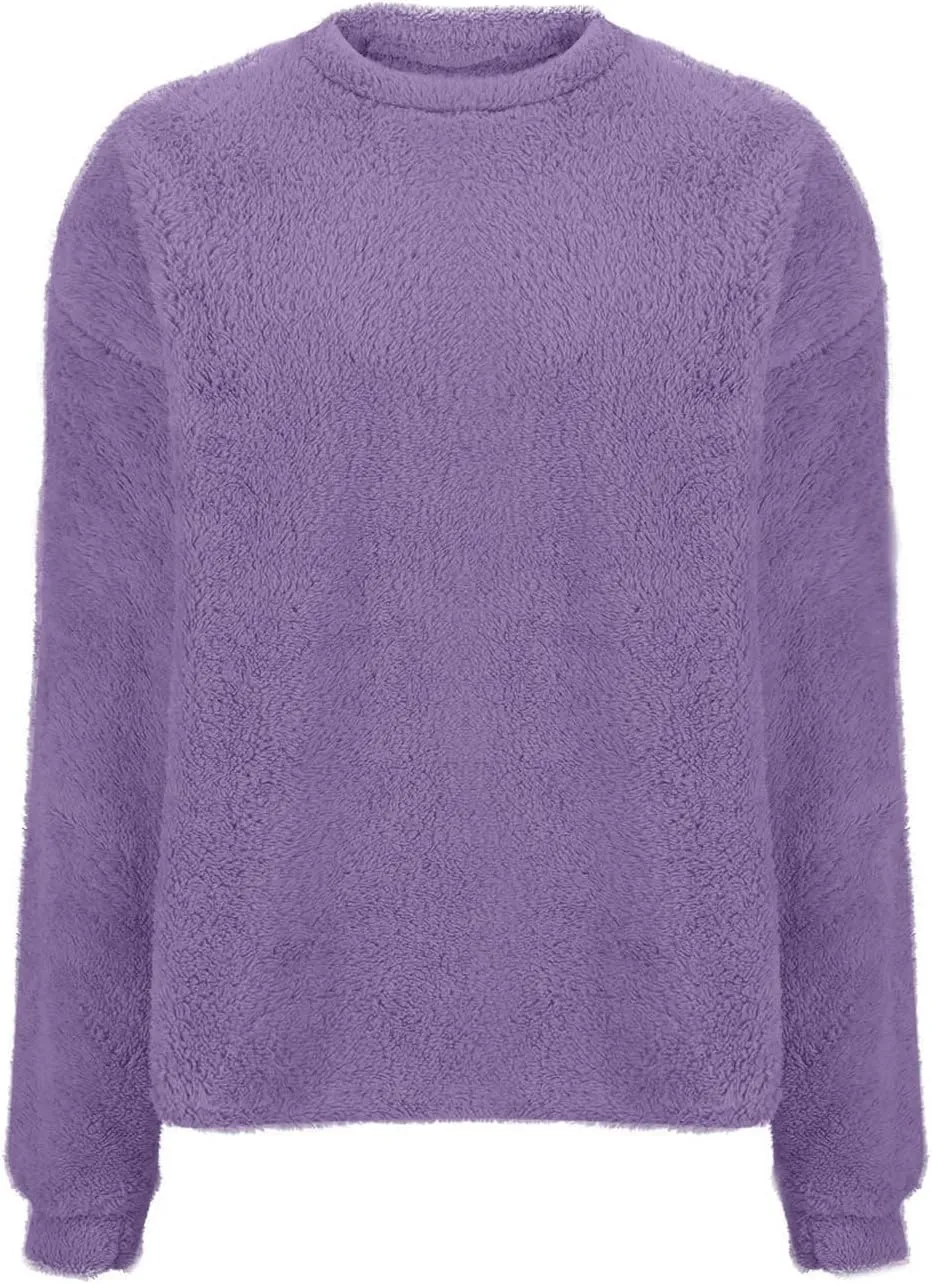 Fleece Sweatshirt For Women Soft Warm Casual Crewneck Long Sleeve Fuzzy Pullover Winter Comfy Solid Color Sherpa Tops