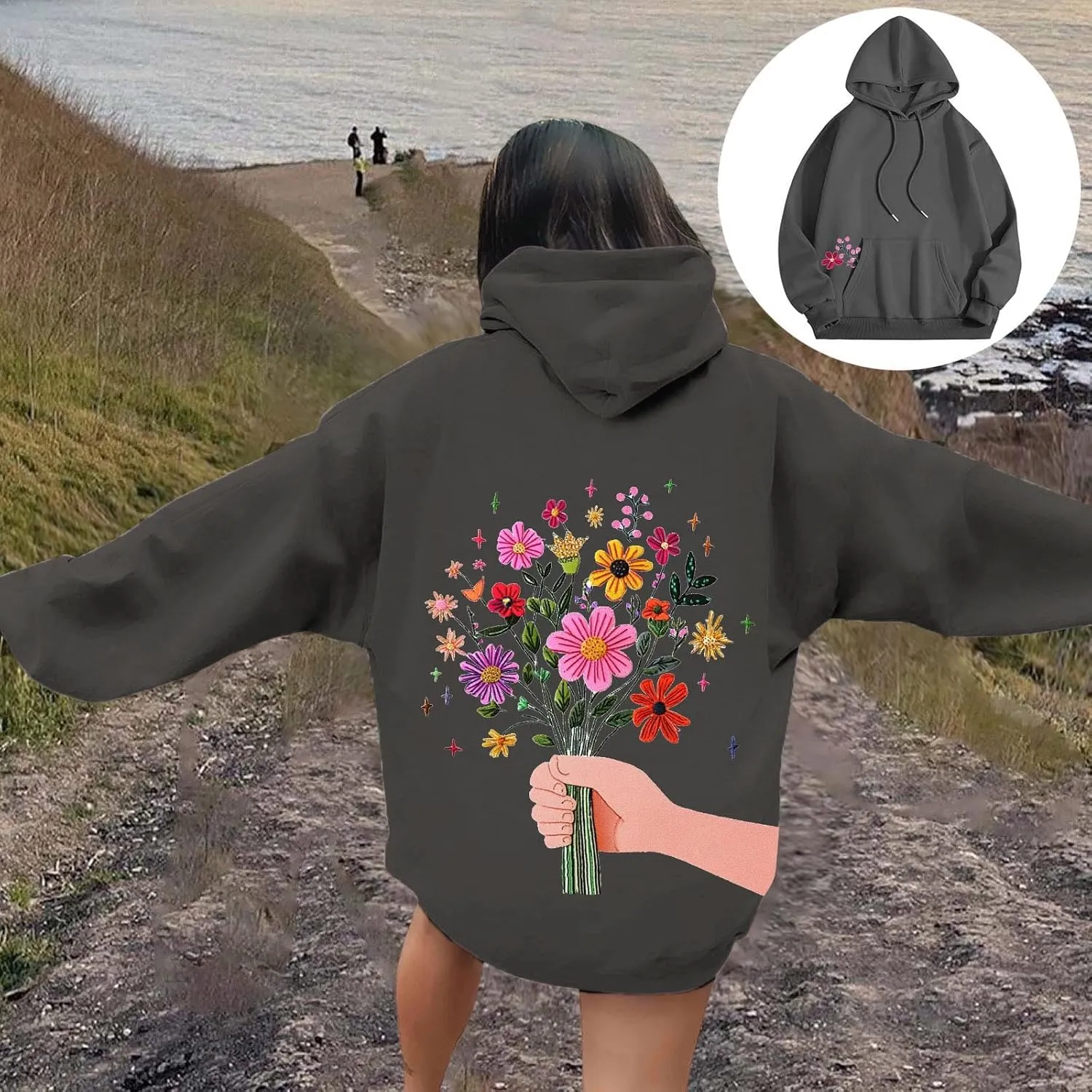 Floral Graphic Hoodies for Women Novelty Floral Flower Print Sweatshirts for Teen Girls Y2k Sweatshirt With Pockets