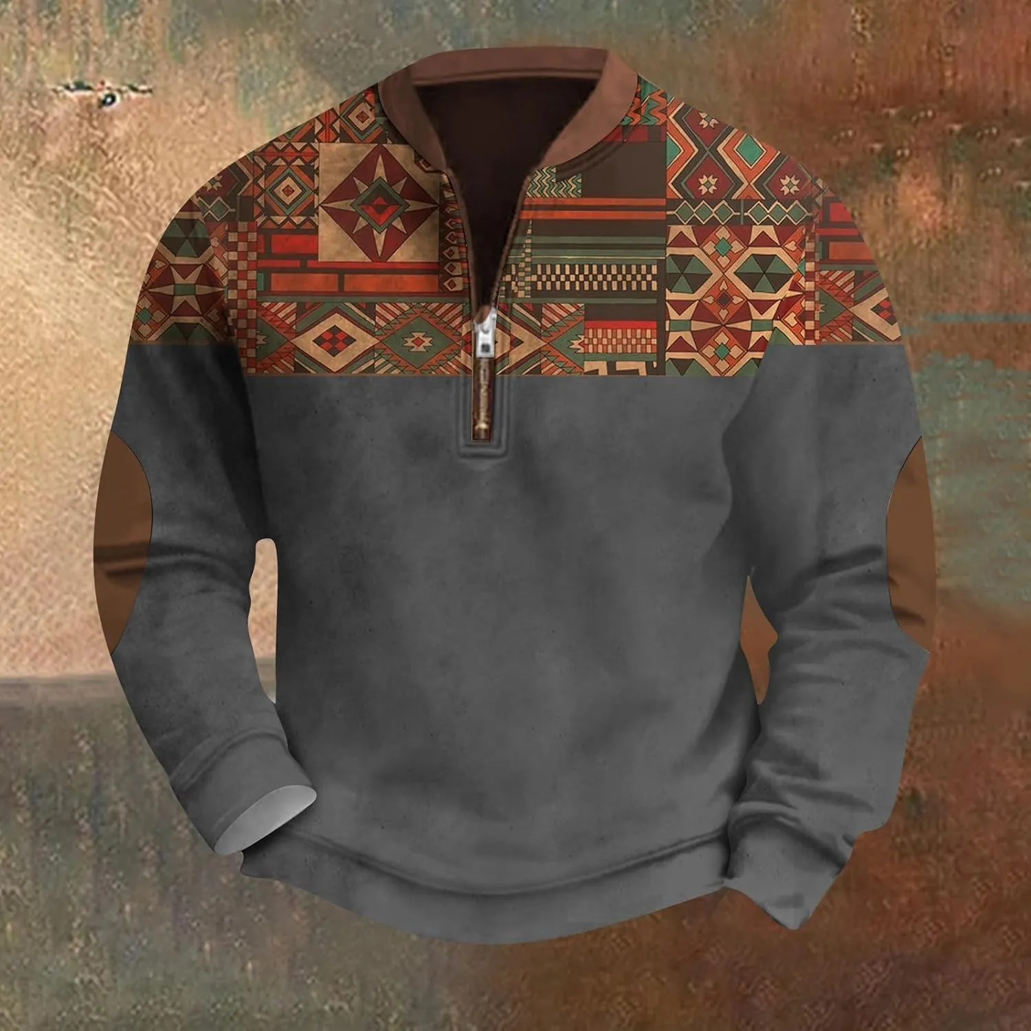 FONMA Men's Western Sweatshirts Fall Winter Knit Printed 1/4 Zip-Up Sweatshirt Casual Loose Fit Athletic Shirt