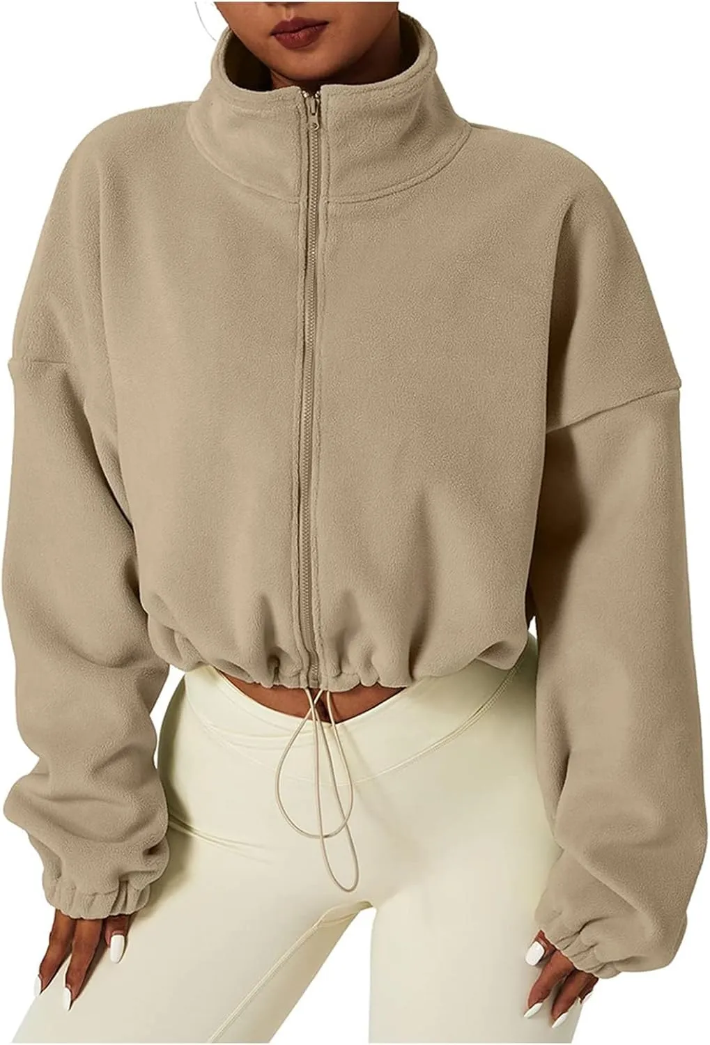 Full Zip Polar Fleece Crop Jacket for Women Warm Long Sleeve Stand Collar Sherpa Short Coat Pullover Sweatshirt Tops