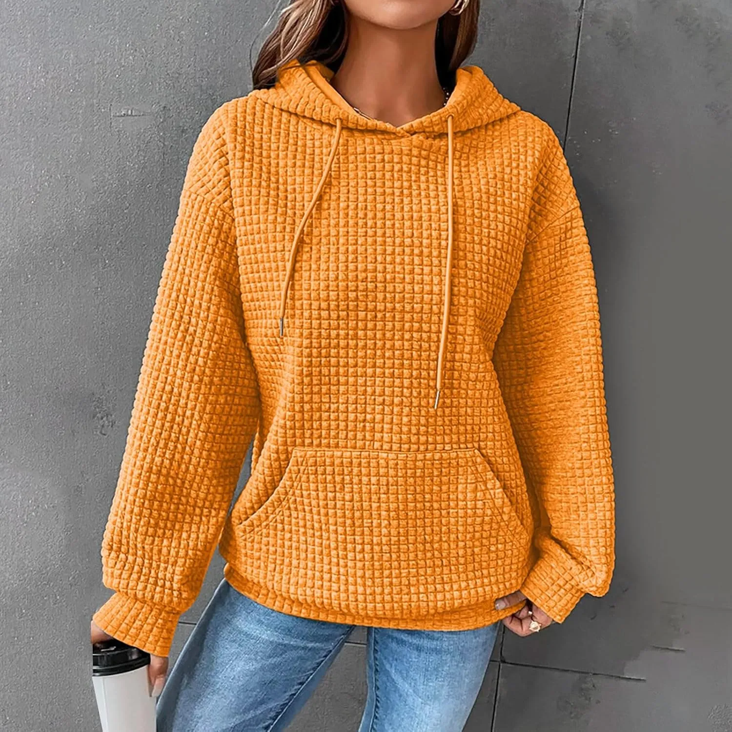 GIERIDUC Womens Oversized Hoodies Fall Winter Casual Waffle Plaid Sweatshirt Pockets Long Sleeve Drawstring Hooded Pullover