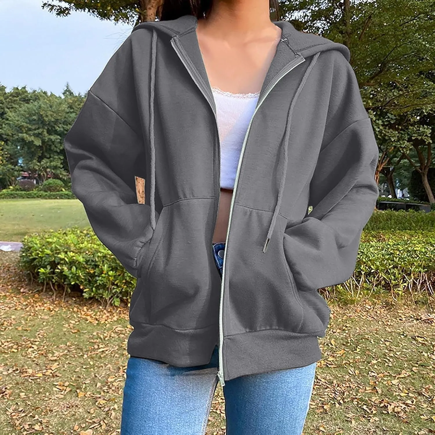 GIERIDUC Women's Zip Up Oversized Sweatshirts Fleece Jacket Coat Long Sleeve Casual Hoodies Fall Teen Girls Preppy Clothes