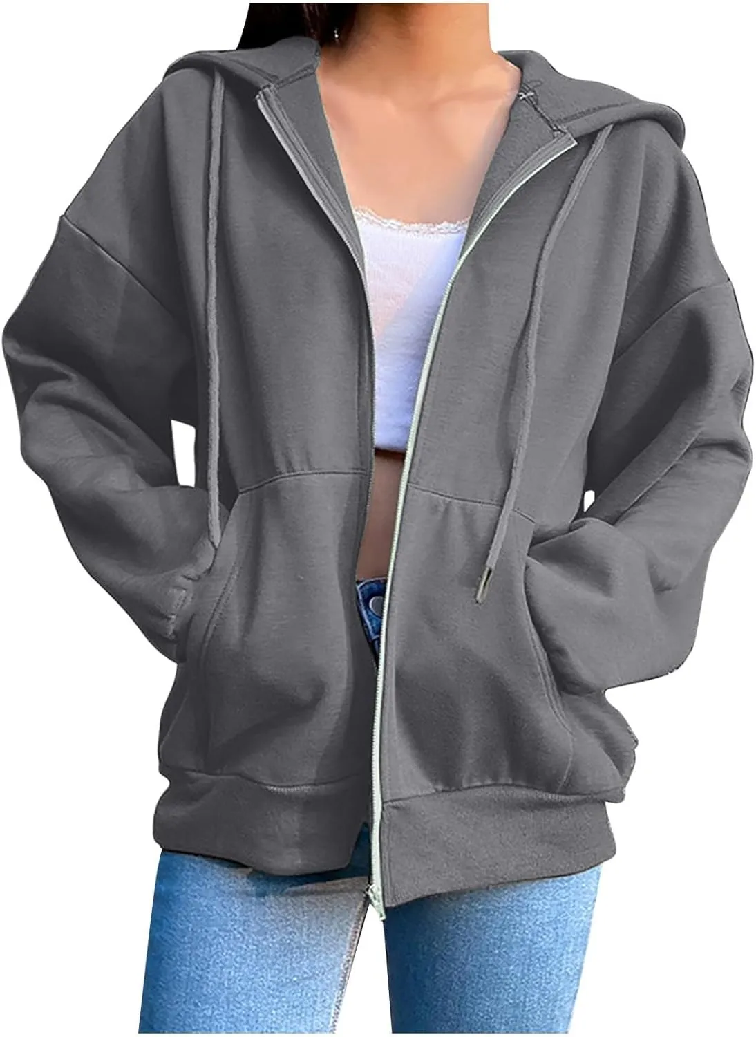 GIERIDUC Women's Zip Up Oversized Sweatshirts Fleece Jacket Coat Long Sleeve Casual Hoodies Fall Teen Girls Preppy Clothes