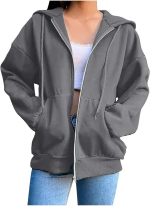 GIERIDUC Women's Zip Up Oversized Sweatshirts Fleece Jacket Coat Long Sleeve Casual Hoodies Fall Teen Girls Preppy Clothes