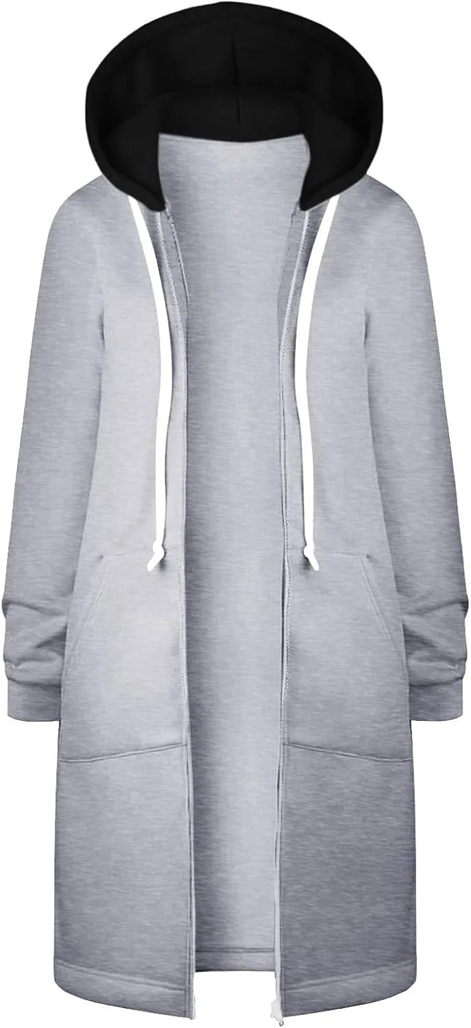 GOFULY Hooded For Women Full Zip Knee Length Tunic Sweatshirt Dresses Fleece Fall Jackets Long Sleeve Solid Clothes Pockets