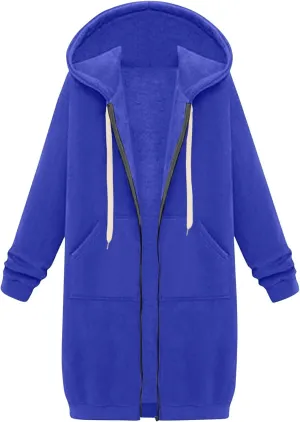 GOFULY Hooded For Women Full Zip Knee Length Tunic Sweatshirt Dresses Fleece Fall Jackets Long Sleeve Solid Clothes Pockets