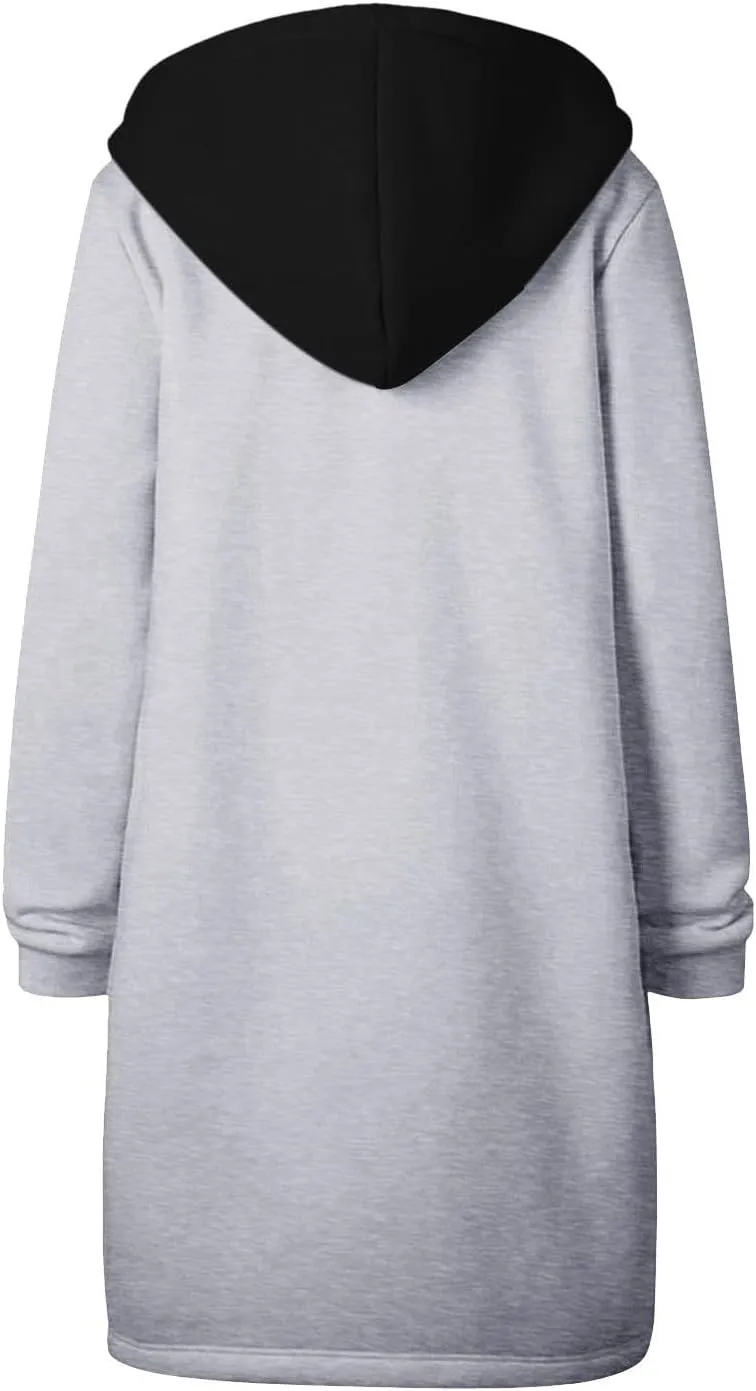 GOFULY Hooded For Women Full Zip Knee Length Tunic Sweatshirt Dresses Fleece Fall Jackets Long Sleeve Solid Clothes Pockets