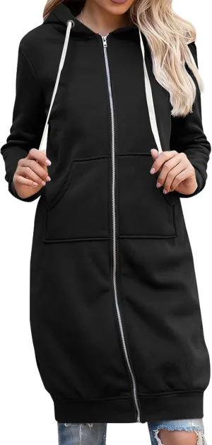 GOFULY Sweatshirt Dress Women Lightweight Zip Up Hoodies Fleece Fall Long Sleeve Drawstring Clothes Solid Jacket With Pockets