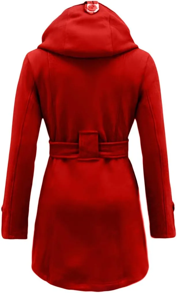 GORIFE Women Double Breasted Faux Fur Pea Coats Solid Thick Hooded Lapel Jackets With Belt