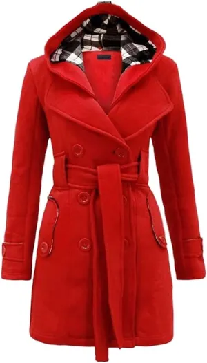 GORIFE Women Double Breasted Faux Fur Pea Coats Solid Thick Hooded Lapel Jackets With Belt