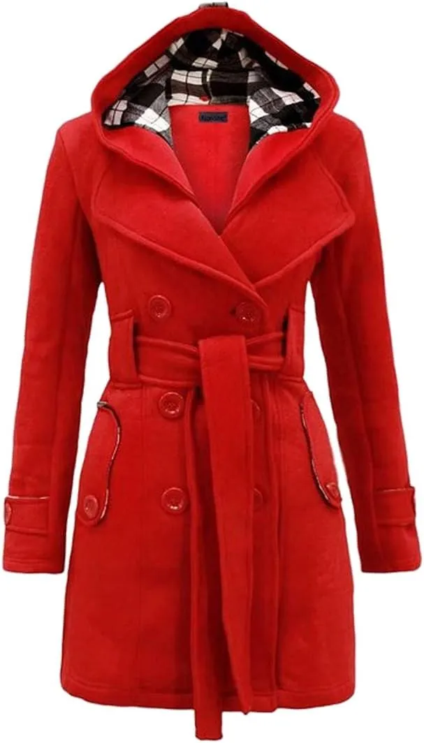 GORIFE Women Double Breasted Faux Fur Pea Coats Solid Thick Hooded Lapel Jackets With Belt