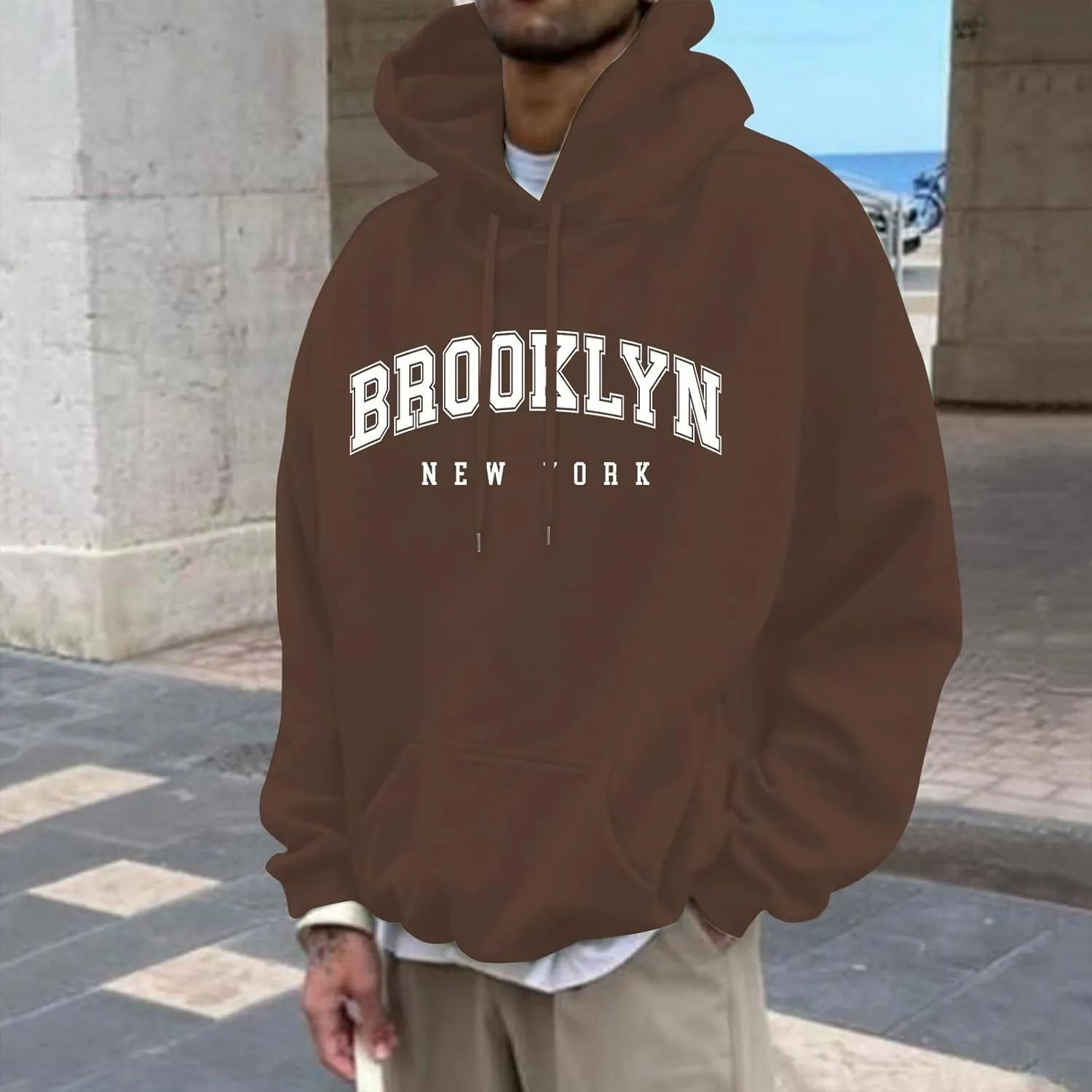 Graphic Hoodies for Men Letter Print Oversized Sweatshirts Long Sleeve Drawstring Pullover Tops with Pockets Unisex