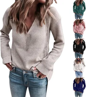 Gumipy Womens V Neck Sweaters Cable Knit Oversized Sweaters Trendy Long Sleeve Tunic Sweaters Soft Chunky Sweater Pullover