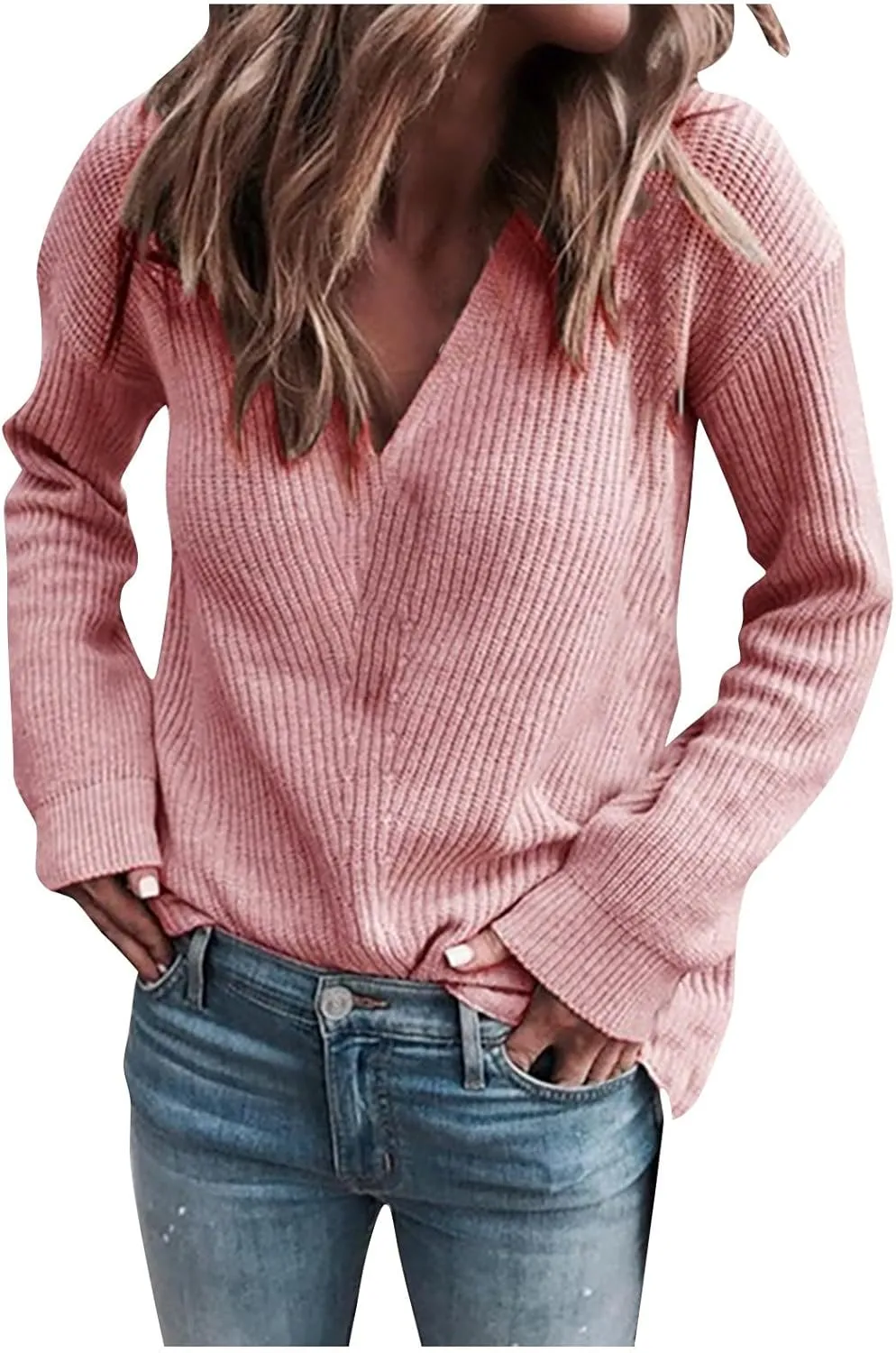 Gumipy Womens V Neck Sweaters Cable Knit Oversized Sweaters Trendy Long Sleeve Tunic Sweaters Soft Chunky Sweater Pullover