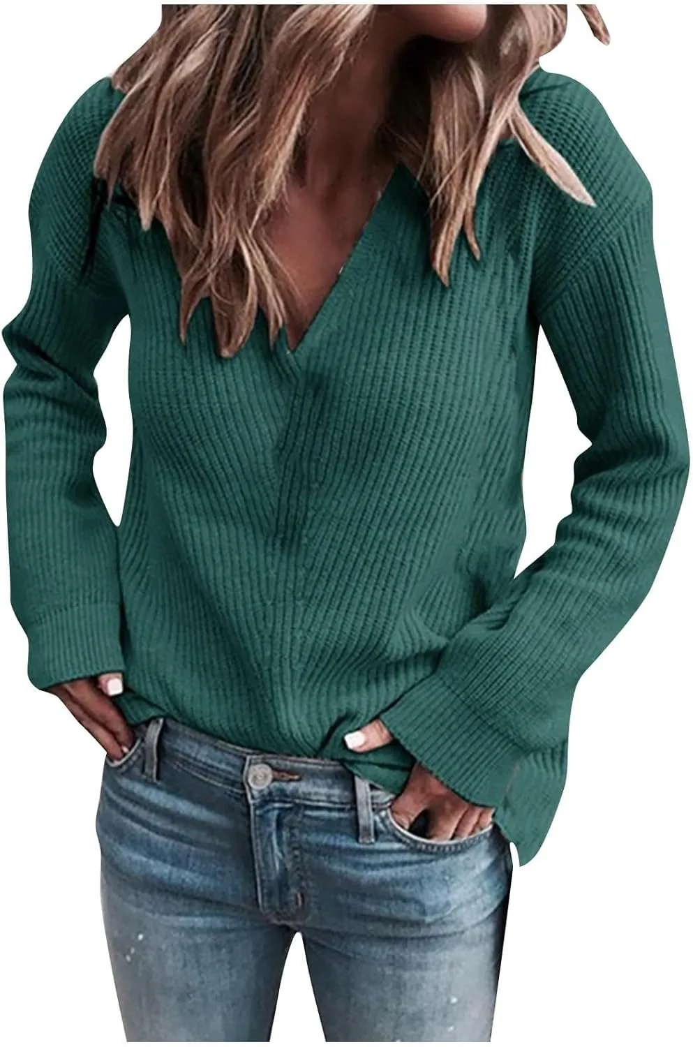 Gumipy Womens V Neck Sweaters Cable Knit Oversized Sweaters Trendy Long Sleeve Tunic Sweaters Soft Chunky Sweater Pullover