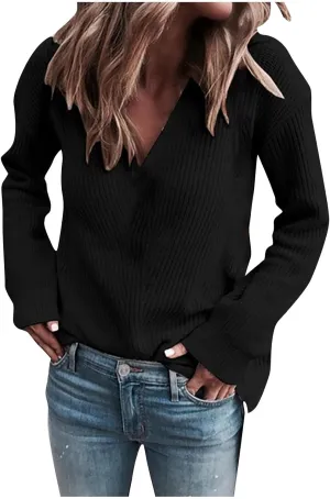 Gumipy Womens V Neck Sweaters Cable Knit Oversized Sweaters Trendy Long Sleeve Tunic Sweaters Soft Chunky Sweater Pullover