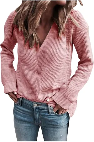 Gumipy Womens V Neck Sweaters Cable Knit Oversized Sweaters Trendy Long Sleeve Tunic Sweaters Soft Chunky Sweater Pullover