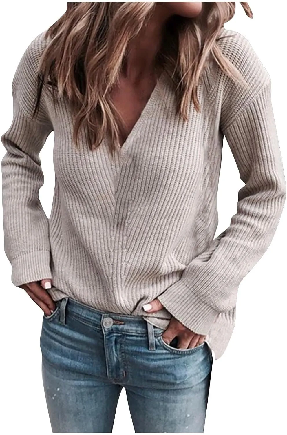 Gumipy Womens V Neck Sweaters Cable Knit Oversized Sweaters Trendy Long Sleeve Tunic Sweaters Soft Chunky Sweater Pullover