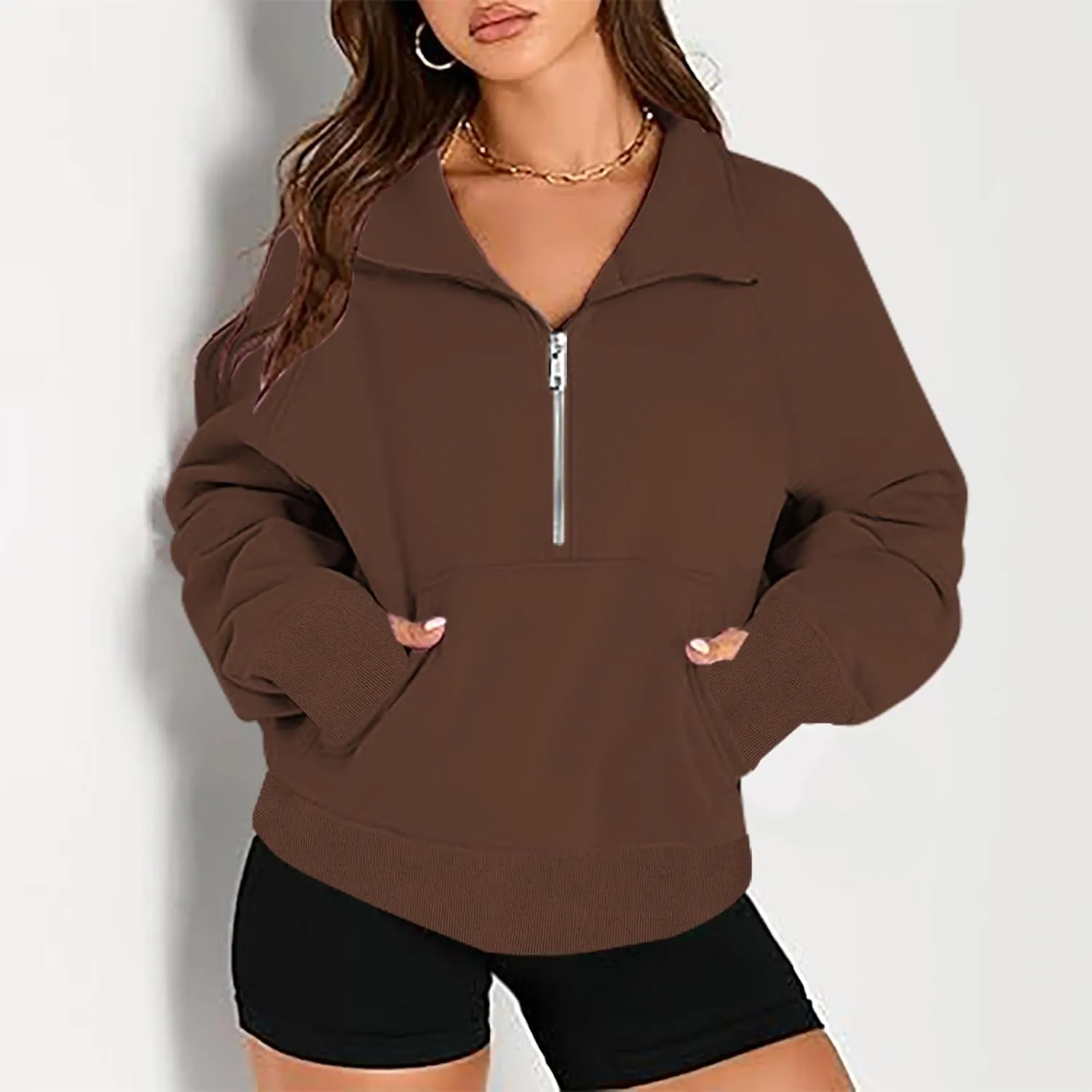 Half Zipper Sweatshirt for Women Stand Collar Fleece Pullover Top Solid Color Cropped T-Shirt Running Sports Blouse