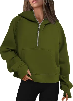 Half Zipper Sweatshirt for Women Stand Collar Fleece Pullover Top Solid Color Cropped T-Shirt Running Sports Blouse