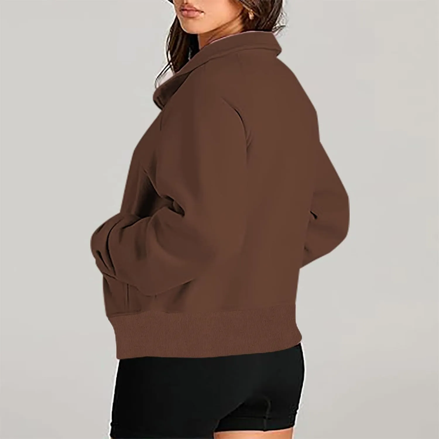 Half Zipper Sweatshirt for Women Stand Collar Fleece Pullover Top Solid Color Cropped T-Shirt Running Sports Blouse