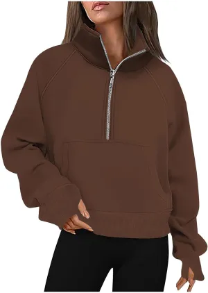 Half Zipper Sweatshirt for Women Stand Collar Fleece Pullover Top Solid Color Cropped T-Shirt Running Sports Blouse