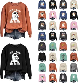 Halloween Crewneck Sweatshirts Women Ghost Print Loose Pullover Tops Graphic Long Sleeve Oversized Cute Sweatshirt