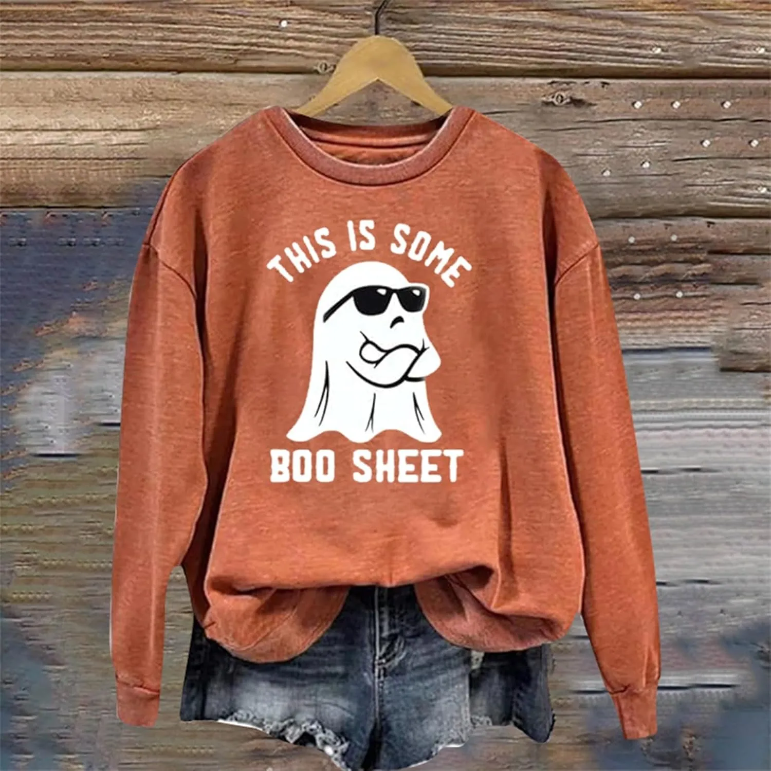 Halloween Crewneck Sweatshirts Women Ghost Print Loose Pullover Tops Graphic Long Sleeve Oversized Cute Sweatshirt