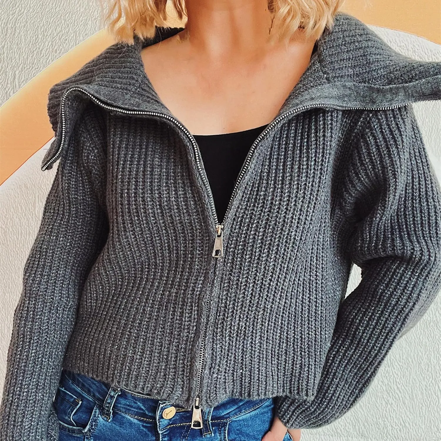 HGps8w Cardigans for Women Lapel Collar Zip Up Sweaters Cozy Long Sleeve Versatile Casual Chunky Knit Outerwear