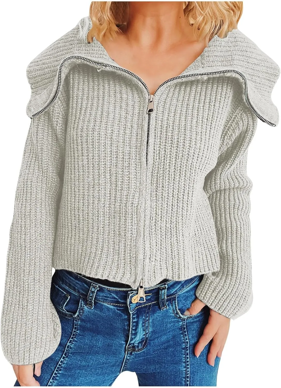 HGps8w Cardigans for Women Lapel Collar Zip Up Sweaters Cozy Long Sleeve Versatile Casual Chunky Knit Outerwear