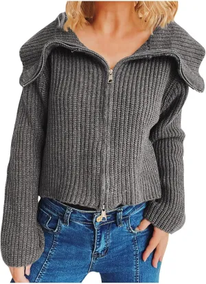 HGps8w Cardigans for Women Lapel Collar Zip Up Sweaters Cozy Long Sleeve Versatile Casual Chunky Knit Outerwear