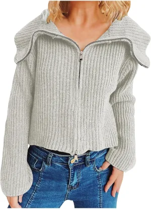 HGps8w Cardigans for Women Lapel Collar Zip Up Sweaters Cozy Long Sleeve Versatile Casual Chunky Knit Outerwear
