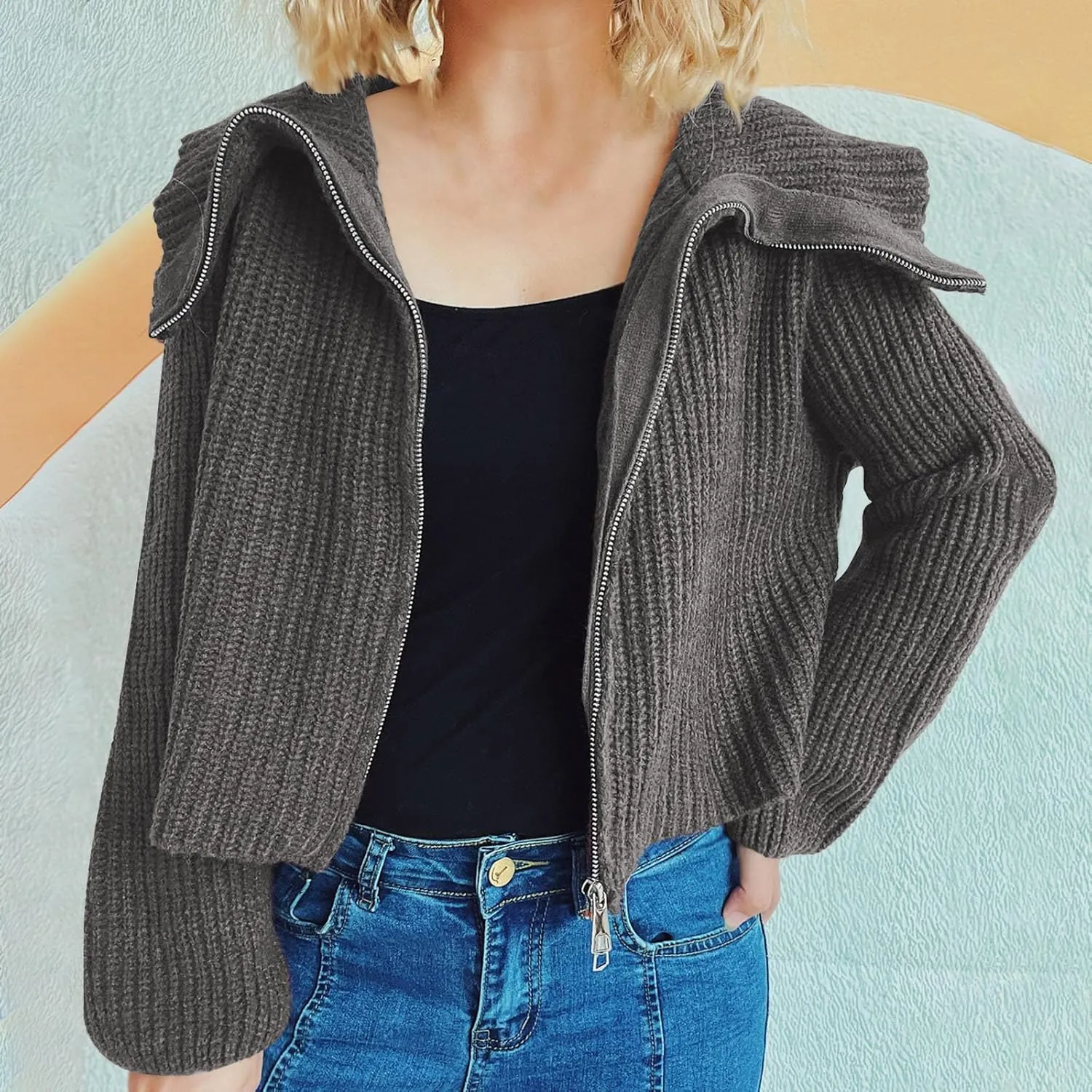 HGps8w Cardigans for Women Lapel Collar Zip Up Sweaters Cozy Long Sleeve Versatile Casual Chunky Knit Outerwear