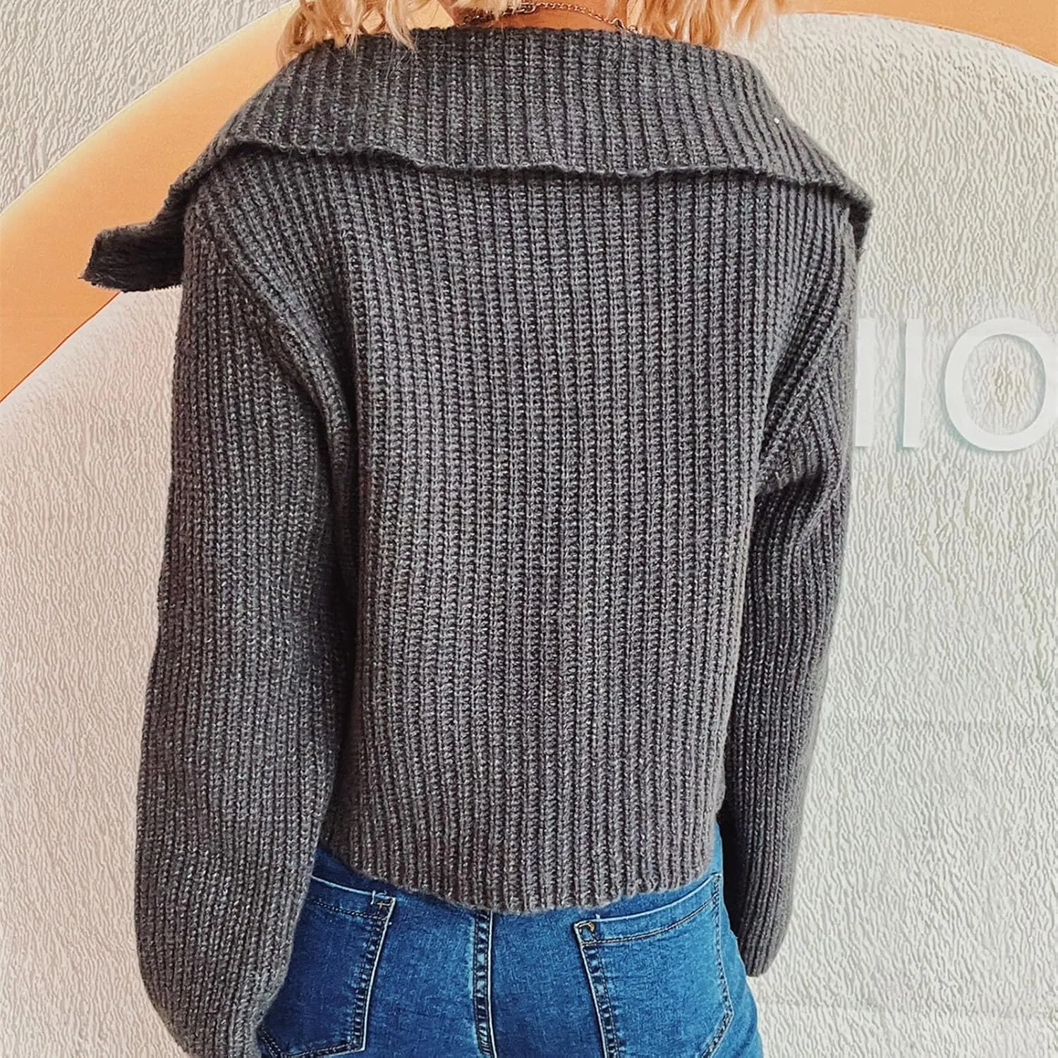 HGps8w Cardigans for Women Lapel Collar Zip Up Sweaters Cozy Long Sleeve Versatile Casual Chunky Knit Outerwear